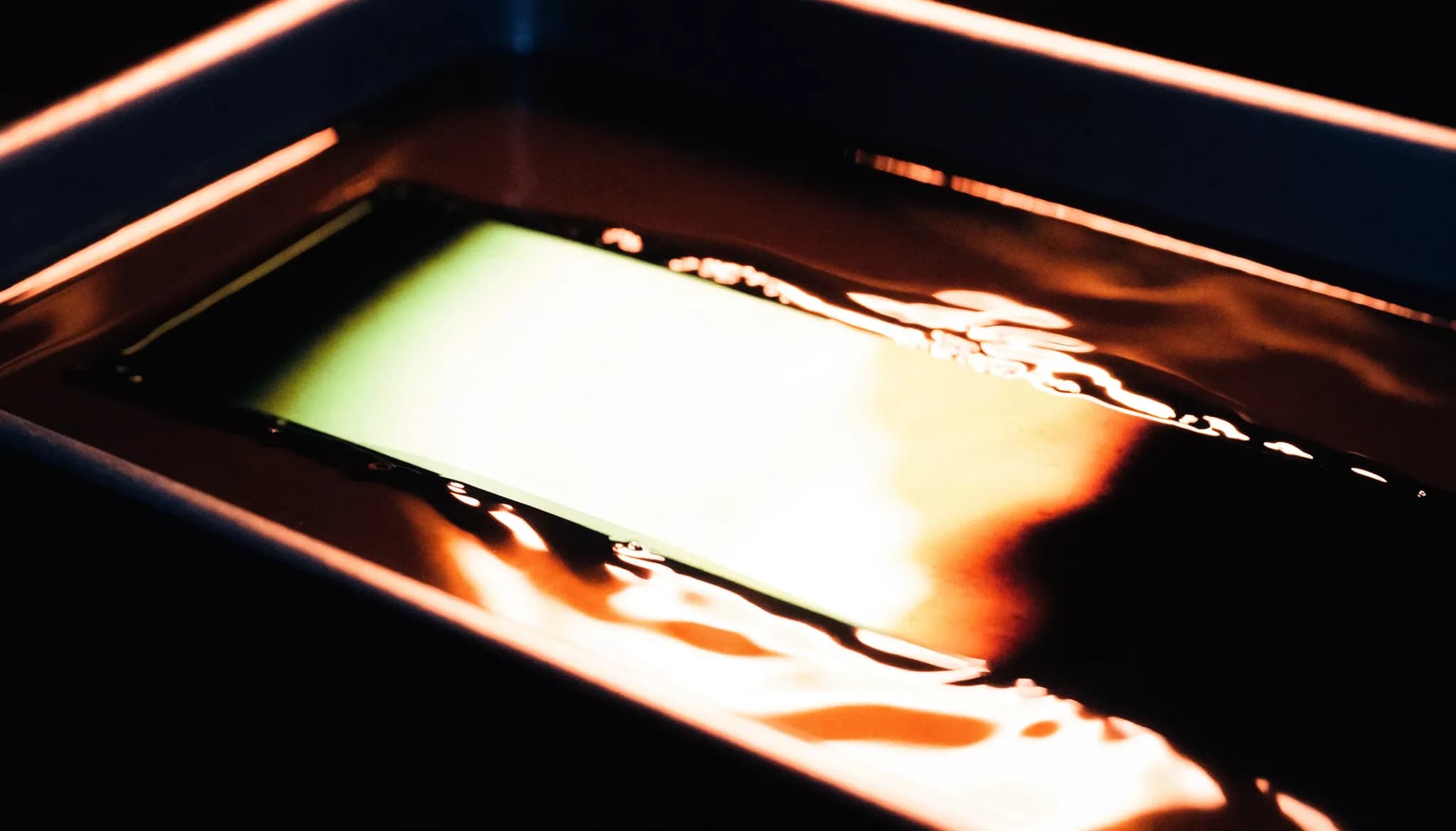 A print emerging in developer fluid under an amber safelight.